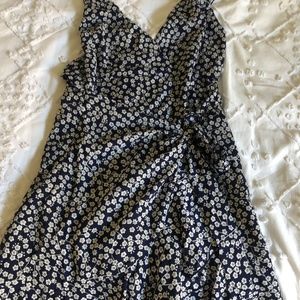 blue and white floral wrap dress
